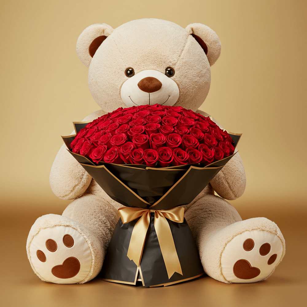 100 Rose Rosse e Maxi Peluche (alto 2 metri) - DELUXY
