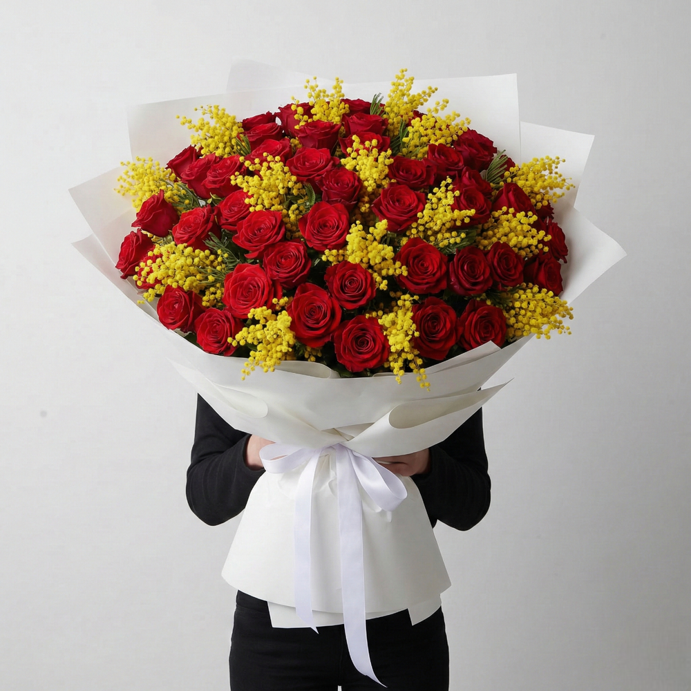 MAXI Bouquet Mimosa e Rose Rosse