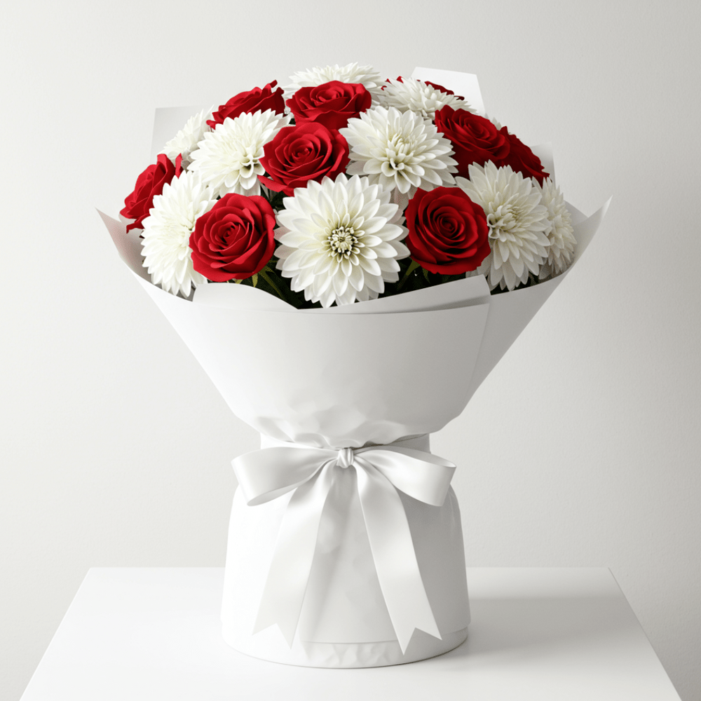 Bouquet Dalie Bianche e Rose Rosse - DELUXY
