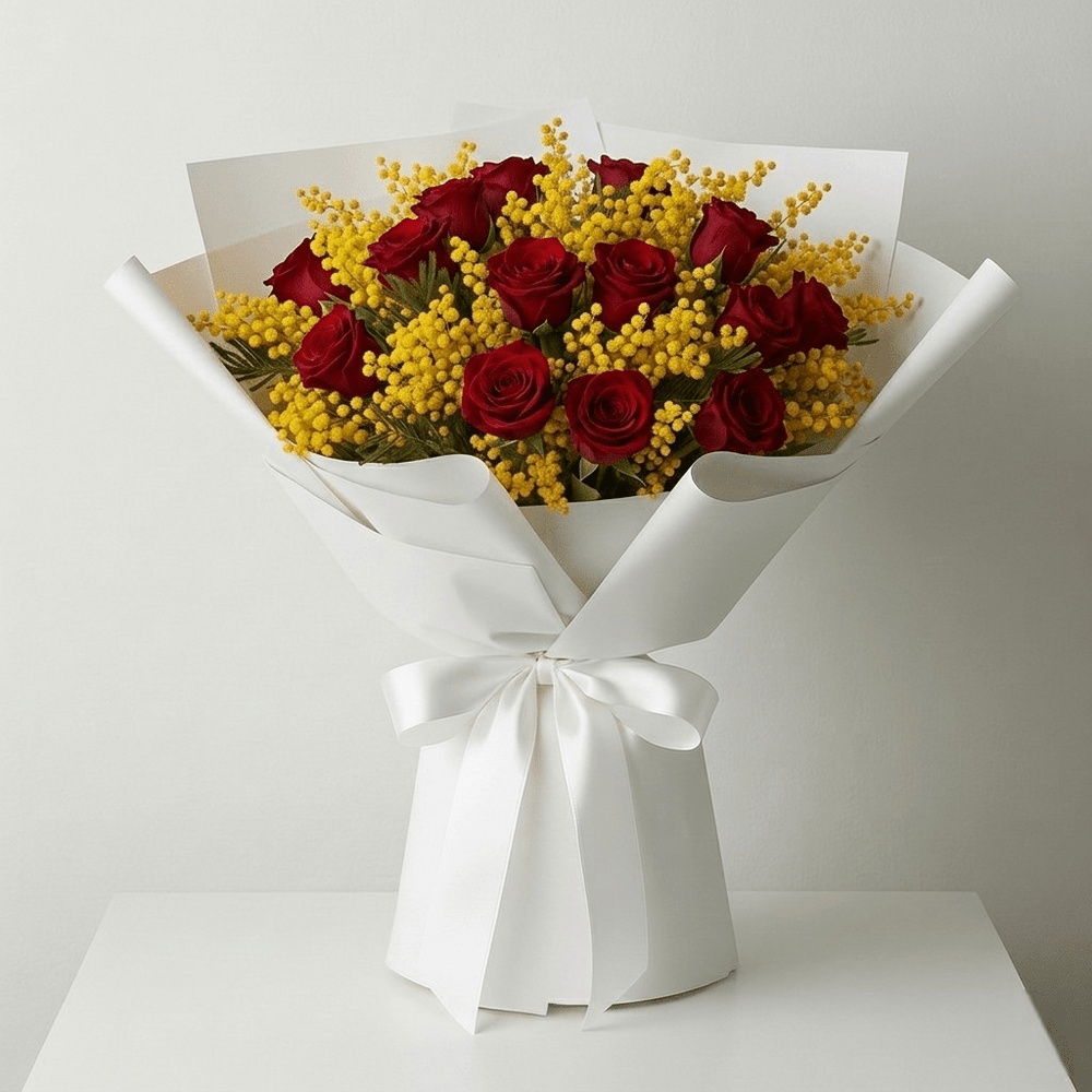 Bouquet Mimosa e Rose Rosse - DELUXY