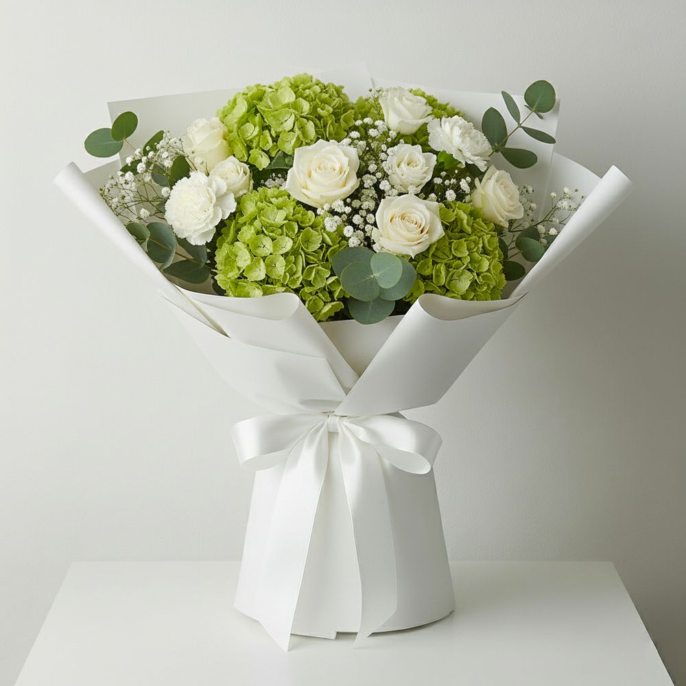 Bouquet Ortensie Verdi e Fiori Bianchi - DELUXY