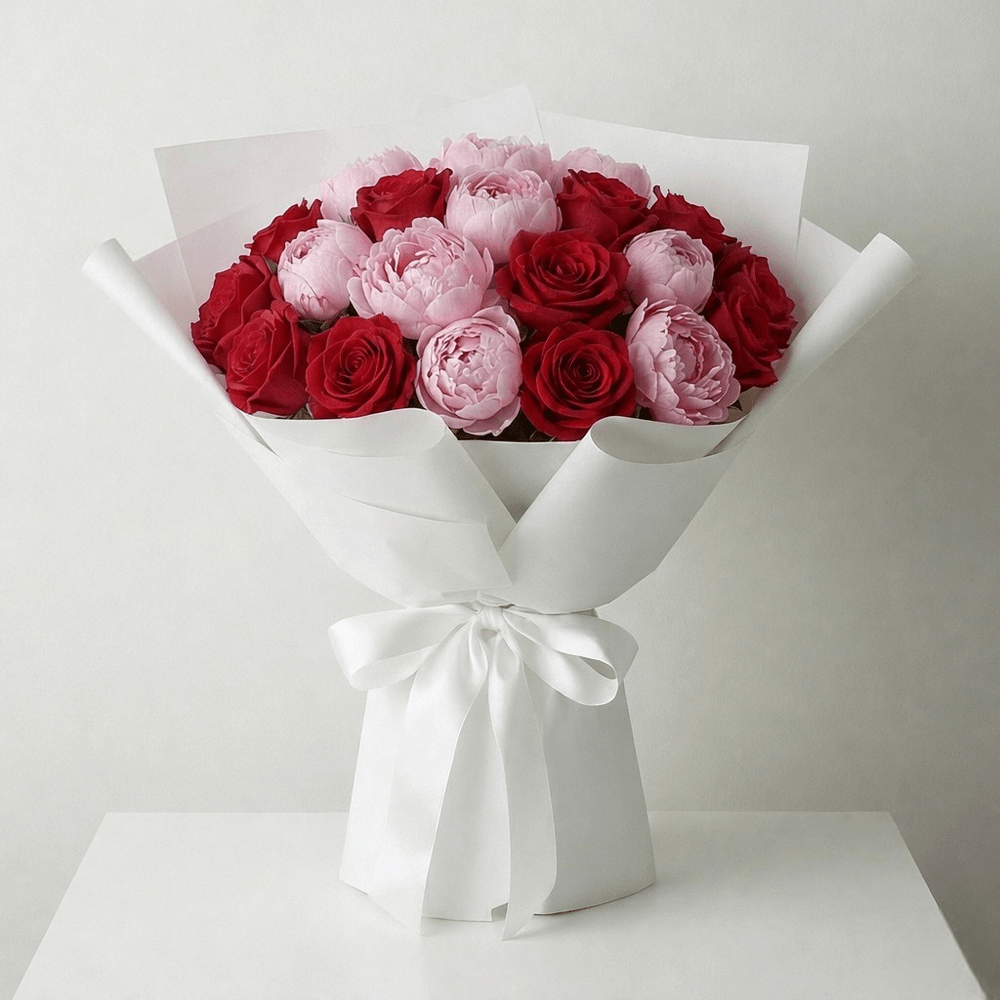 Bouquet Rose Rosse e Peonie Rosa - DELUXY