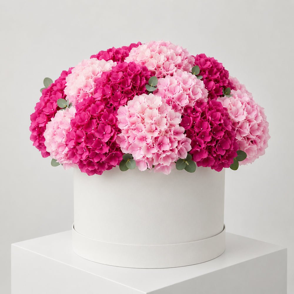 Cappelliera DELUXY di ortensie rosa e fucsia in scatola bianca