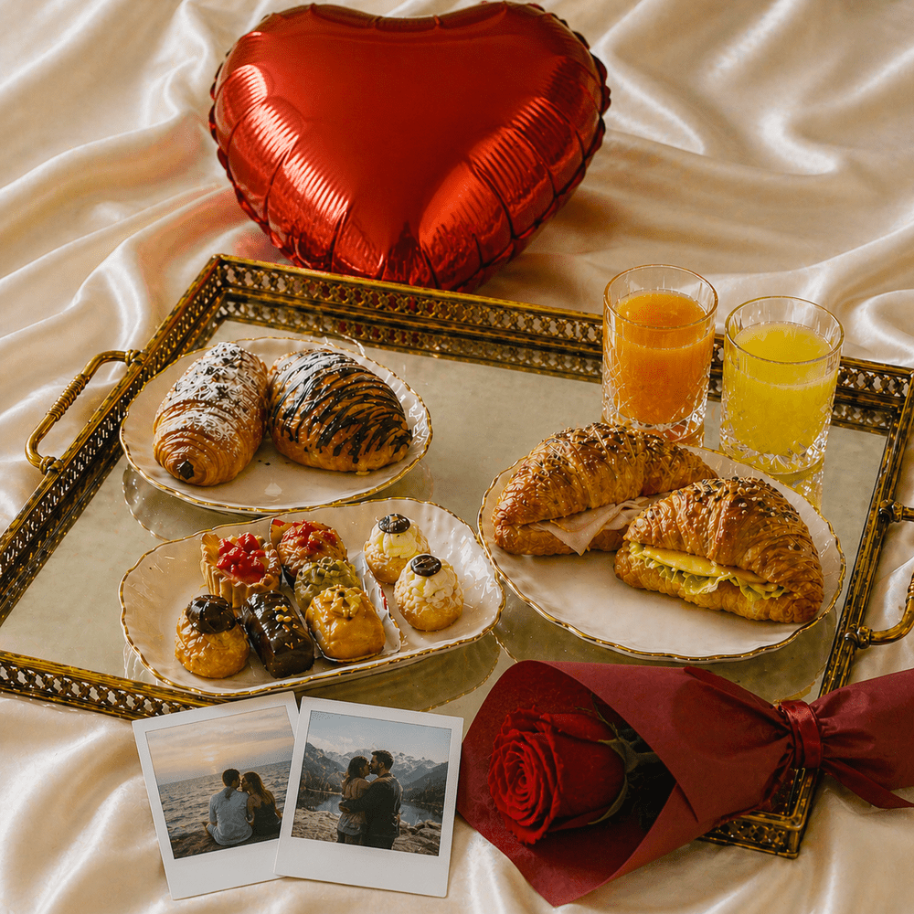 Colazione "Happy Anniversary" con rosa, palloncino e polaroid (2 Persone) - DELUXY