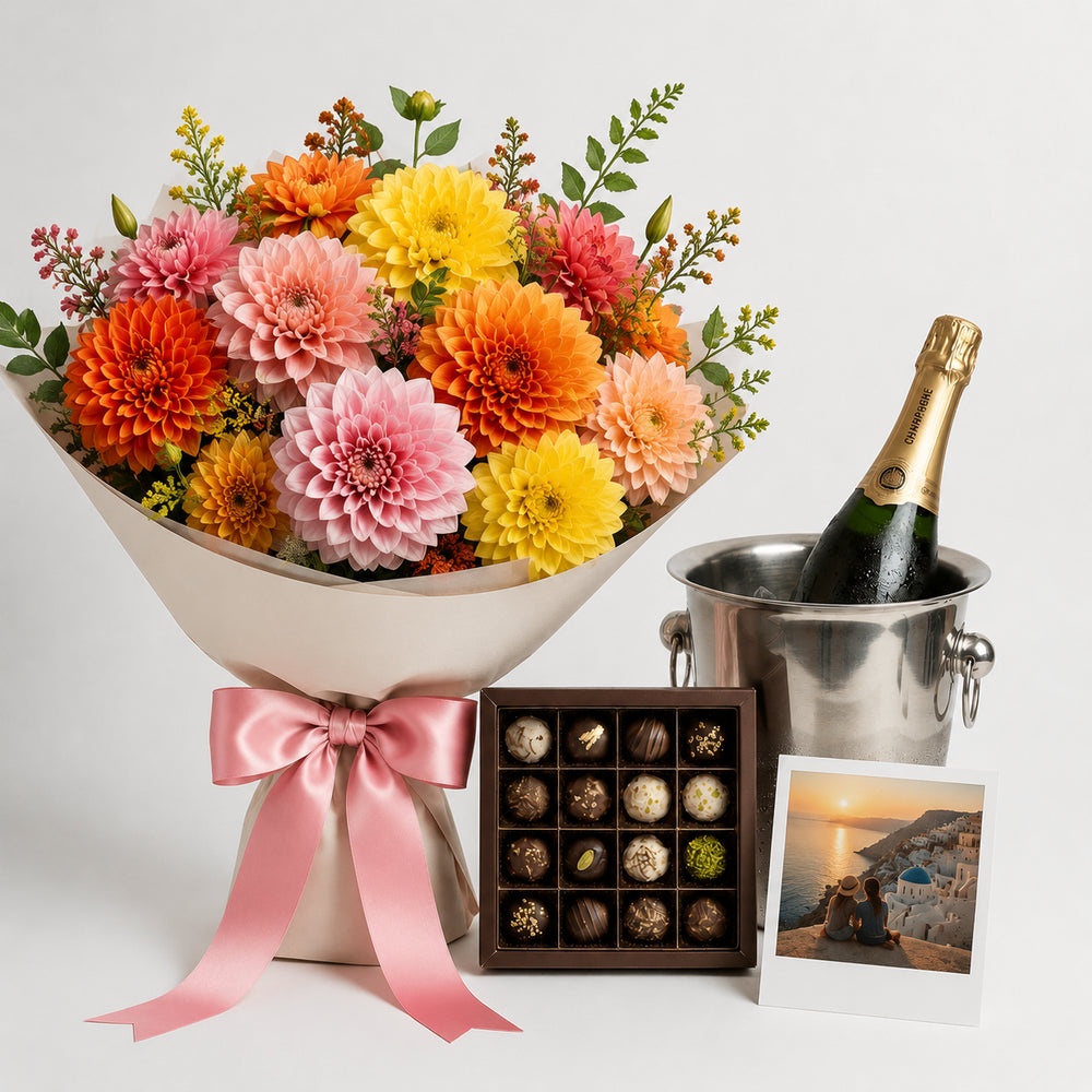 Colorful Dahlias and Gourmet Pralines (Champagne)