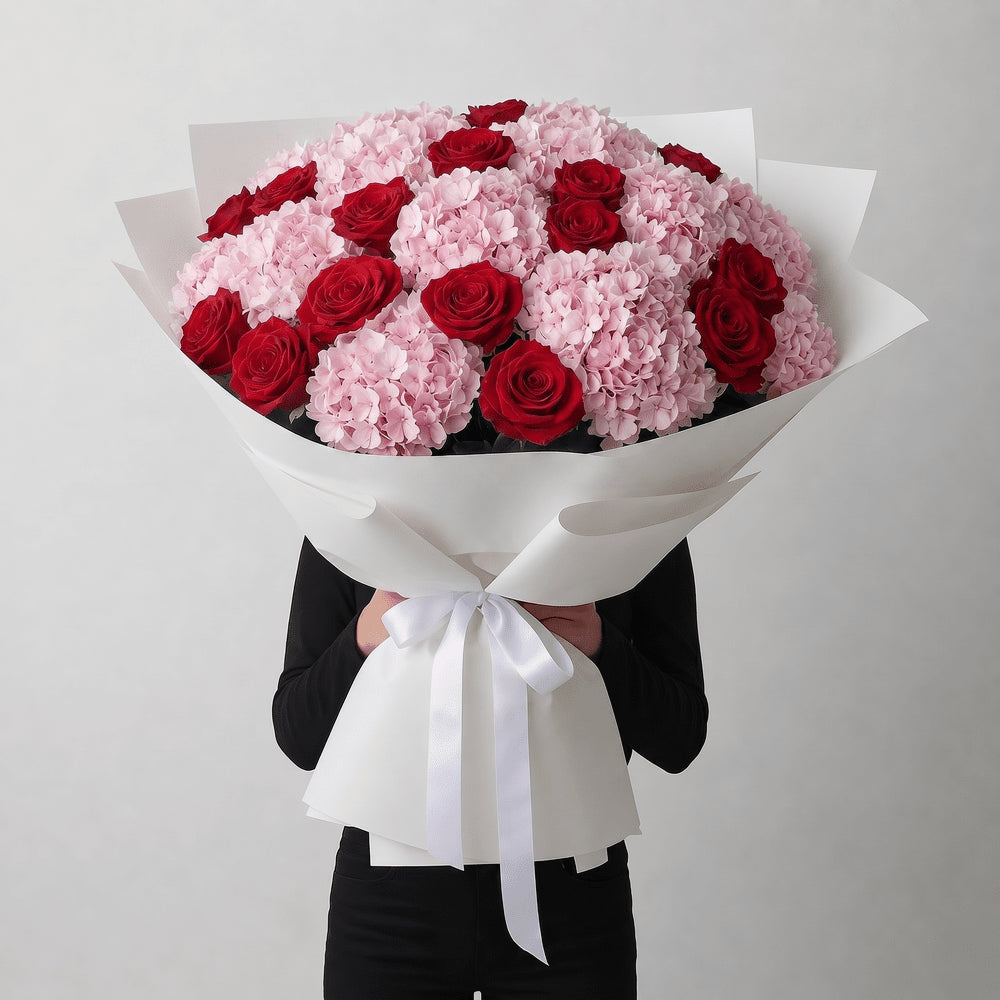 MAXI Bouquet Rose Rosse e Ortensie Rosa - DELUXY