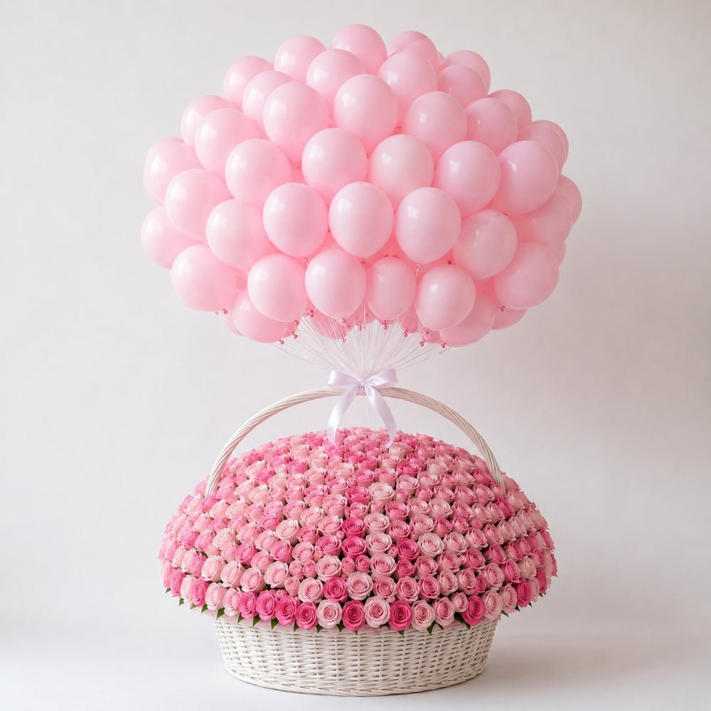 MAXI Cesto Rose Rosa e Palloncini - DELUXY