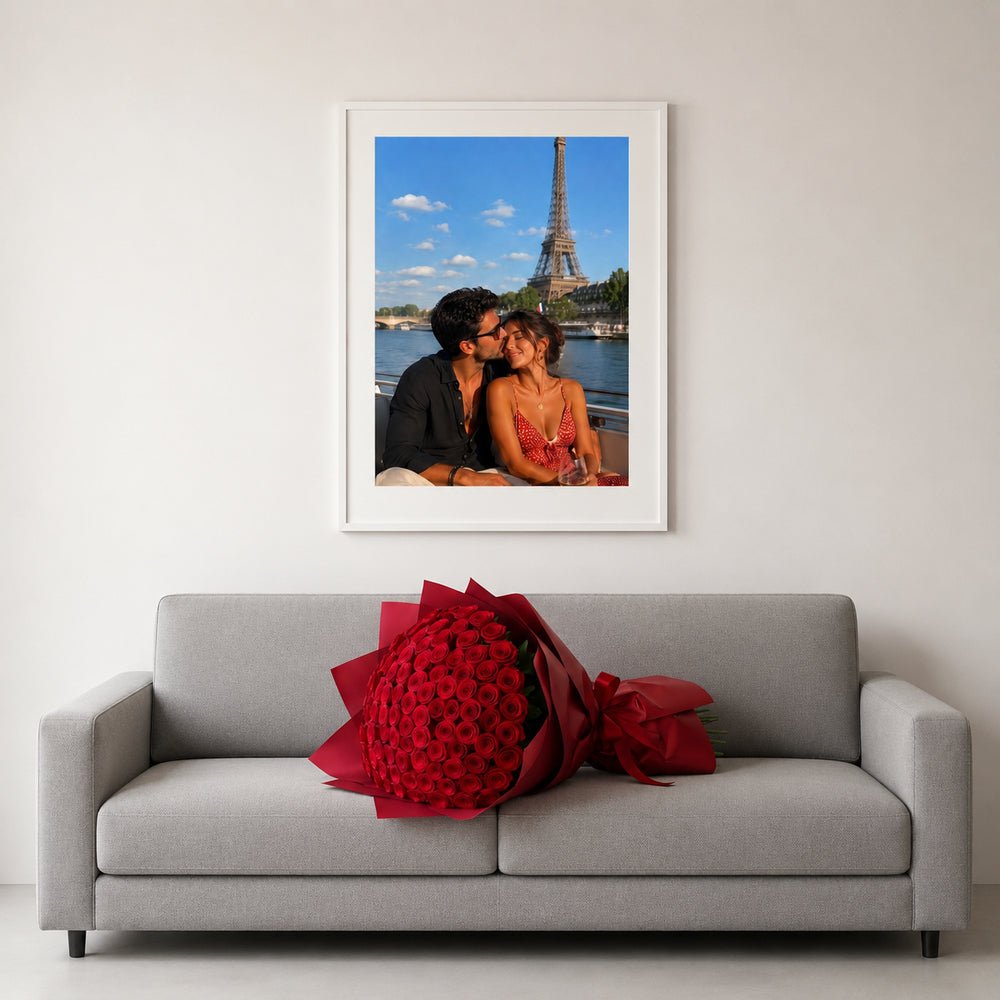 Ritratto d'amore - Quadro e 100 rose rosse - DELUXY