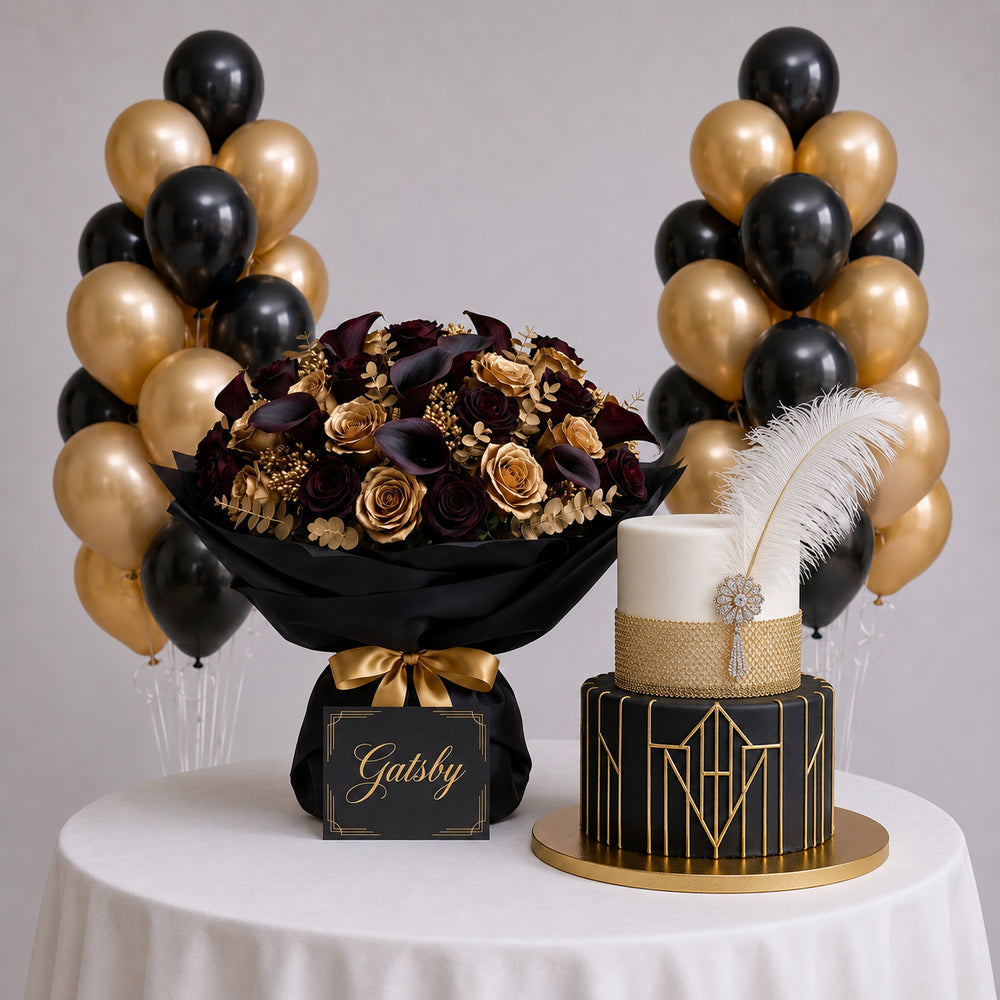 Set Grande Gatsby - Bouquet, Torta e Palloncini