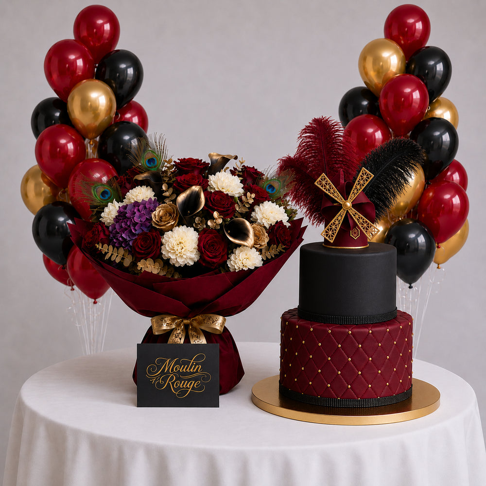 Set Moulin Rouge - Bouquet, Torta e Palloncini
