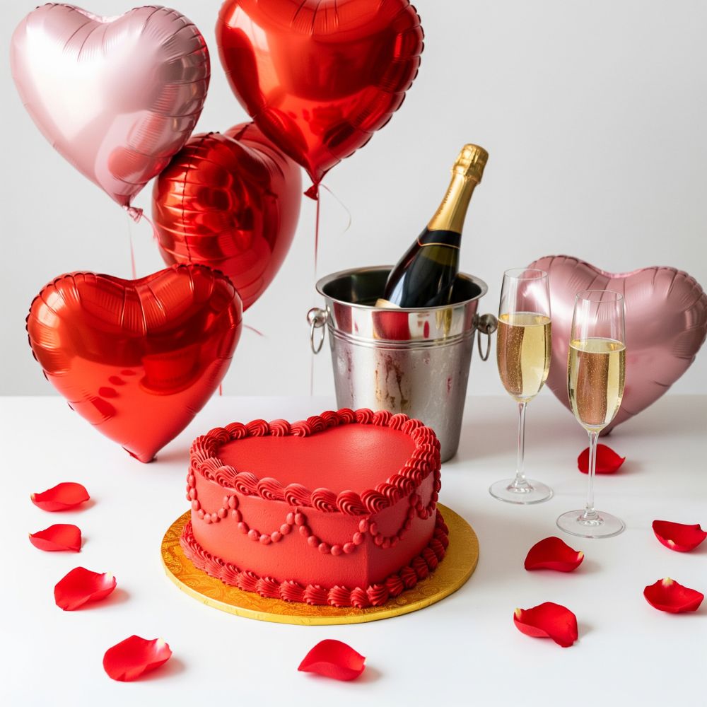 Set Romantico - Torta Cuore, Palloncini, Champagne - DELUXY