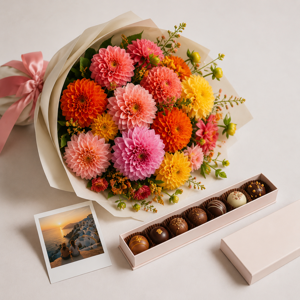 Colorful Dahlias and Gourmet Pralines (Champagne)